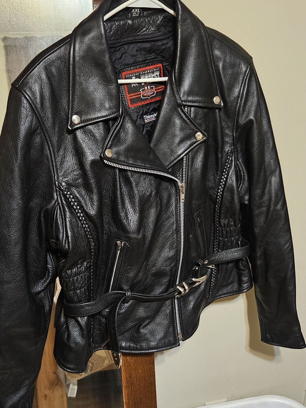 Women’s Black Leather Belted Moto Jacket